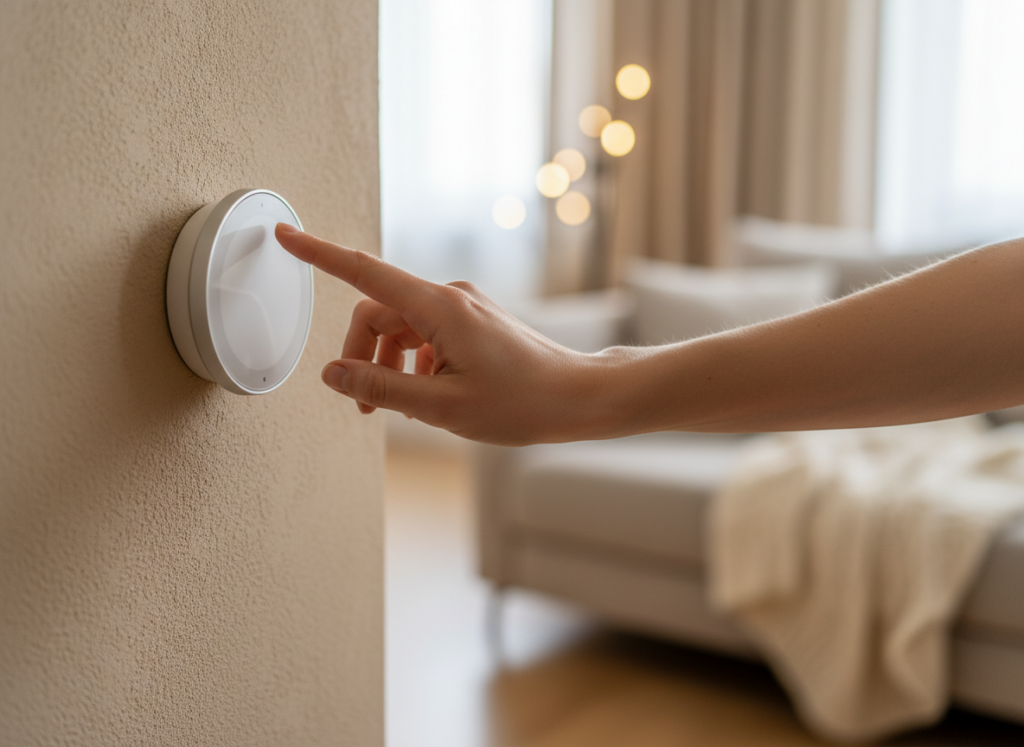 Ciepłe wnętrze z dłońmi ustawiającymi termostat, podkreślające nowoczesne instalacje grzewcze.