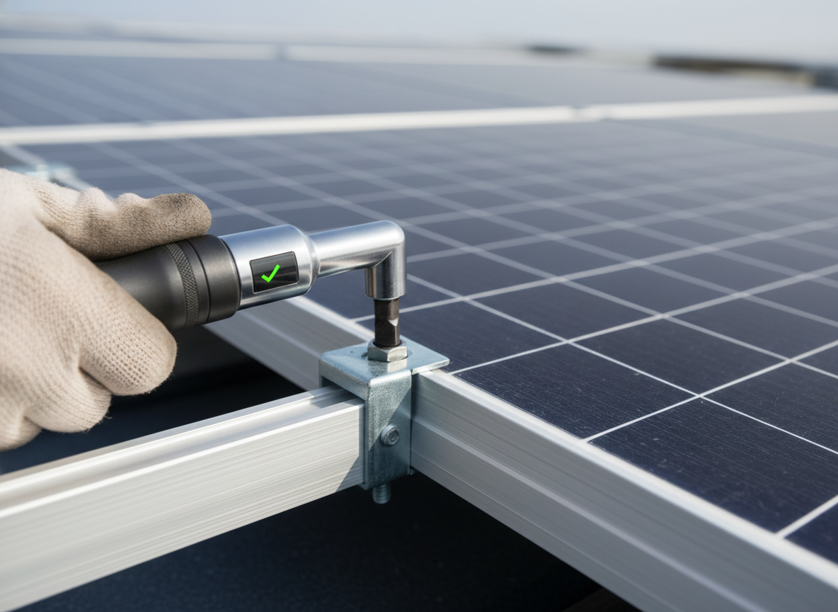 Dokręcanie klem kluczem dynamometrycznym podczas montażu paneli fotowoltaicznych