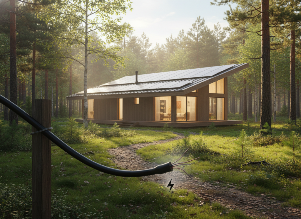 Dom w lesie zasilany przez niezależną instalację fotowoltaiczną off grid bez dostępu do sieci energetycznej