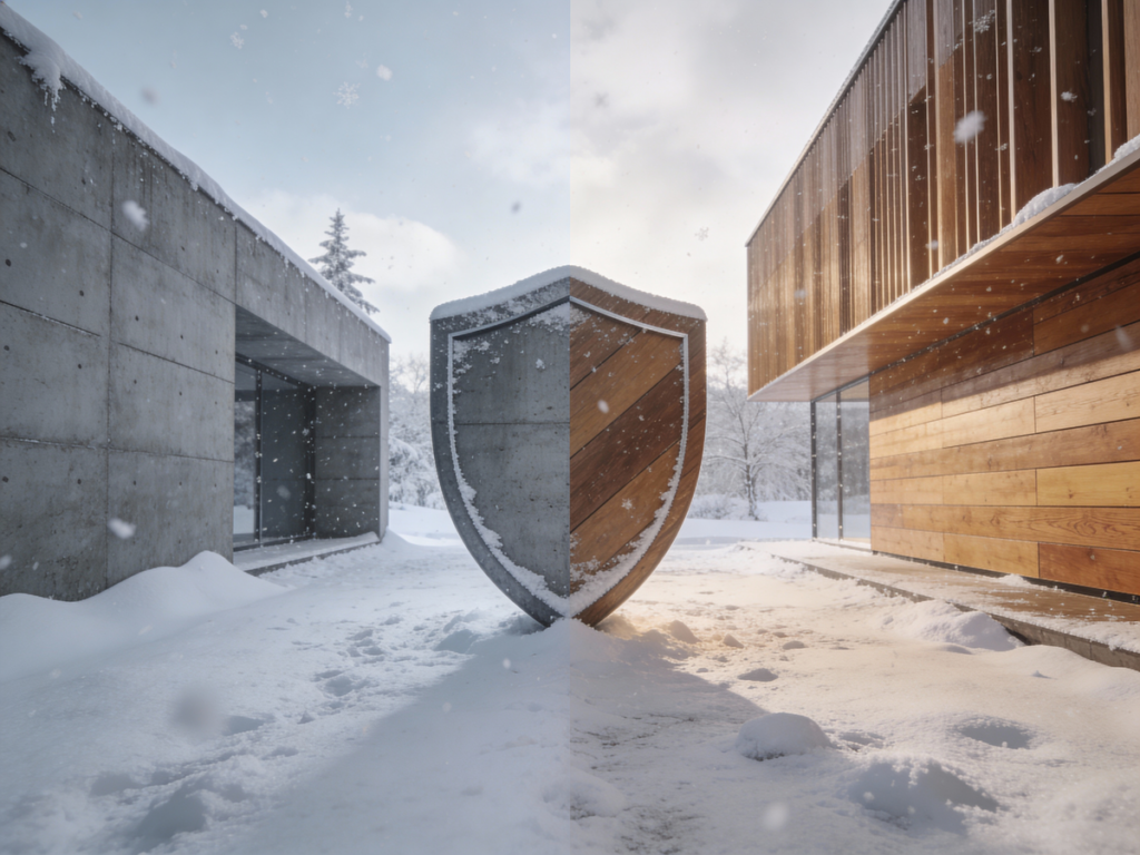 Domy całoroczne drewniane zestawione z konstrukcją betonową zimą
