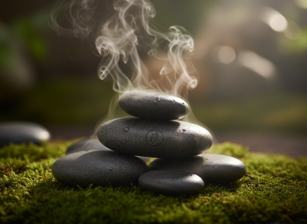 Elegancka kompozycja gładkich kamieni, delikatnej pary i zielonego mchu, symbolizująca relaks w saunie ogrodowej.