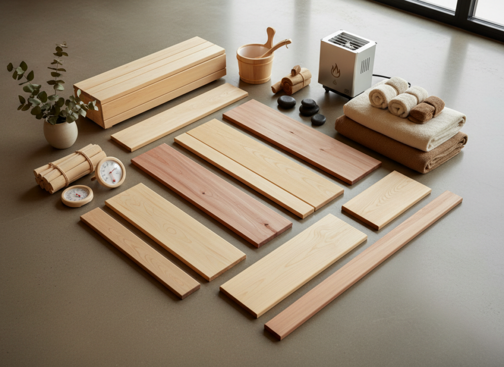 Eleganckie, precyzyjnie docięte drewniane elementy zestawu sauny do samodzielnego montażu na jasnym tle.
