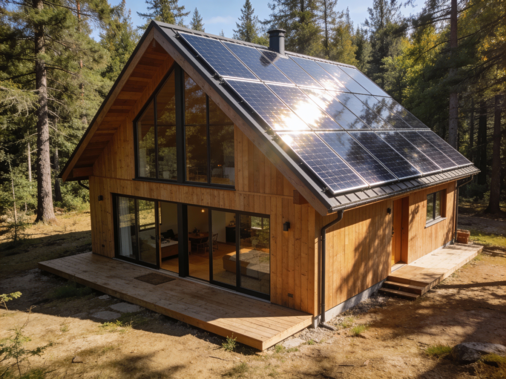 Fotowoltaika off grid dom w lesie z panelami słonecznymi