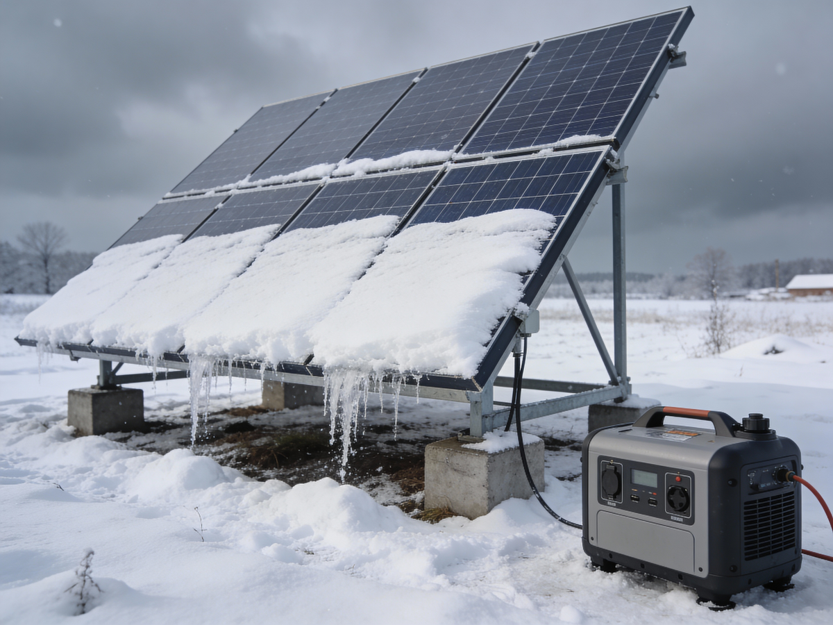 Fotowoltaika off grid zimą panele pod kątem i agregat prądotwórczy
