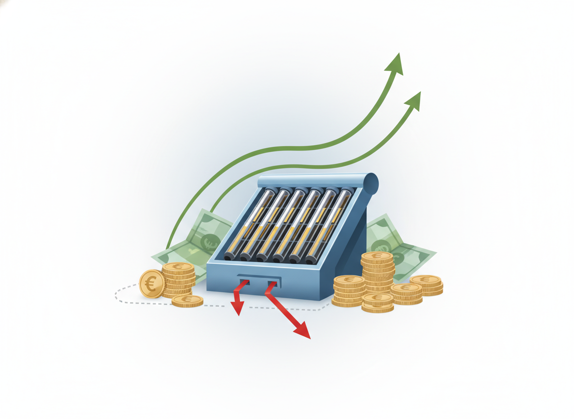 Grafika przedstawiająca koszty i opłacalność ogrzewania słonecznego, z monetami i wykresem oszczędności.