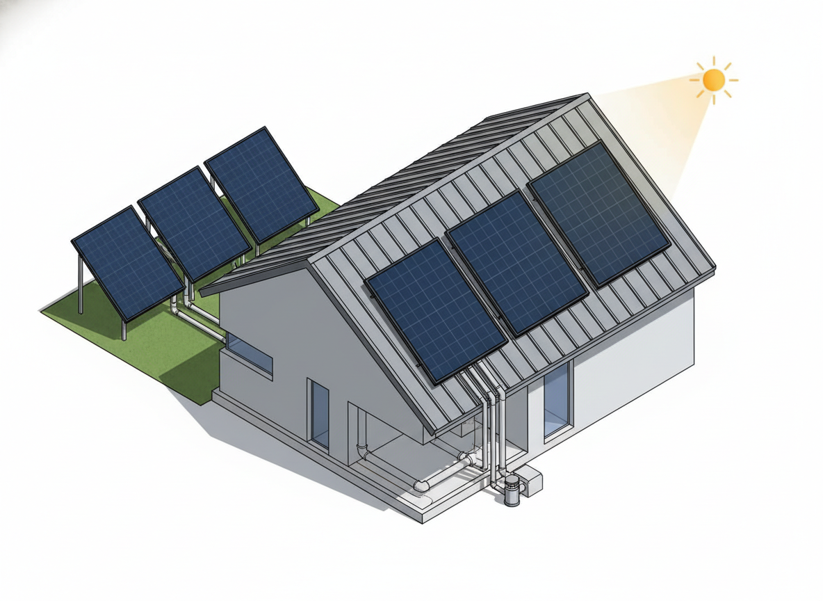 Grafika przedstawiająca montaż kolektorów słonecznych na dachu i gruncie, z uwzględnieniem optymalnego kąta.