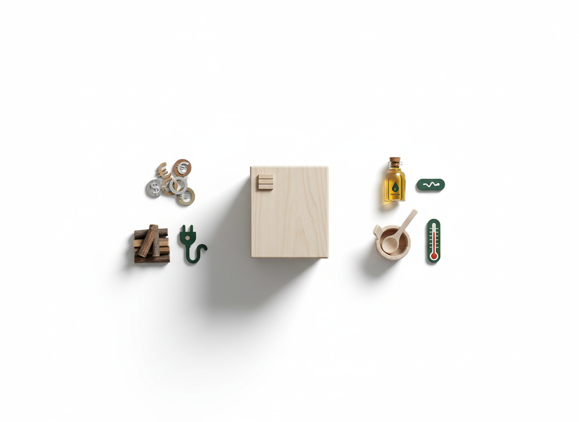 Koncepcyjny układ płaski przedstawiający koszty, akcesoria i konserwację małej sauny ogrodowej.