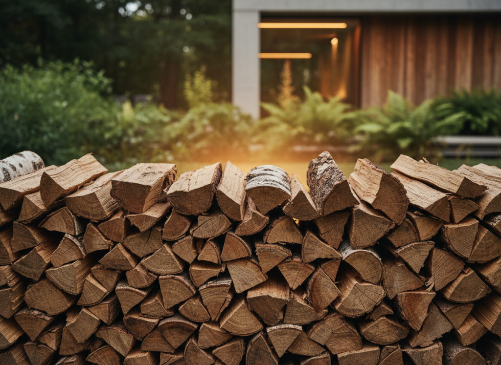 Naturalny stos drewna opałowego w ogrodzie, gotowy do użycia w saunie ogrodowej z piecem na drewno.