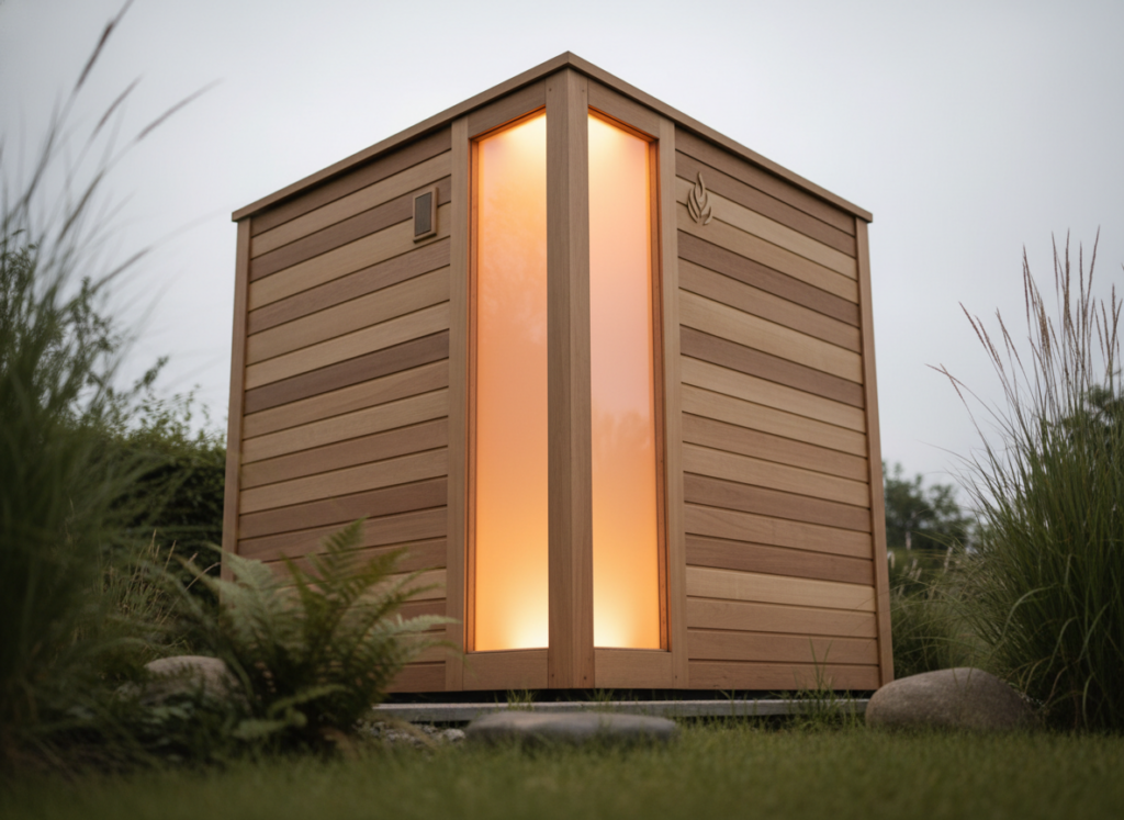 Nowoczesna mała sauna ogrodowa z drewna, subtelnie oświetlona, wtapiająca się w zielony krajobraz ogrodu.