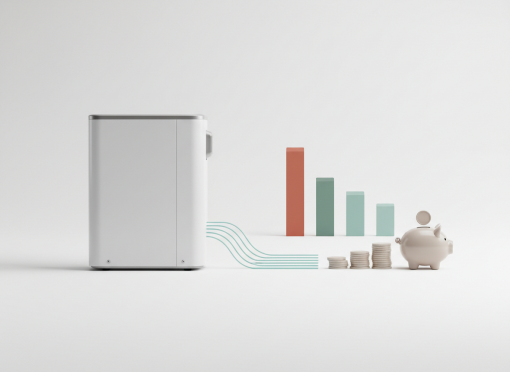 Nowoczesna pompa ciepła i graficzna wizualizacja jej kosztów i oszczędności.