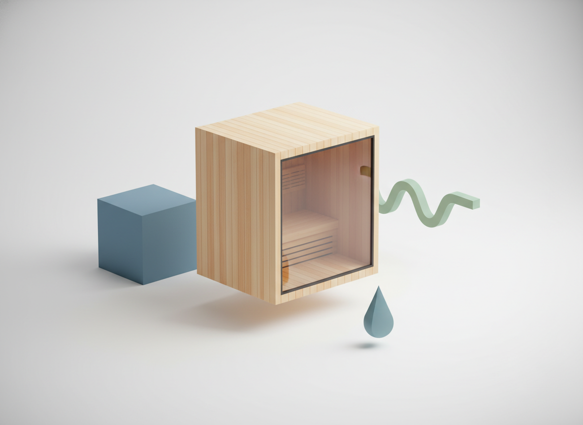 Nowoczesna sauna ogrodowa z abstrakcyjnymi symbolami kosztów zakupu, eksploatacji i konserwacji.