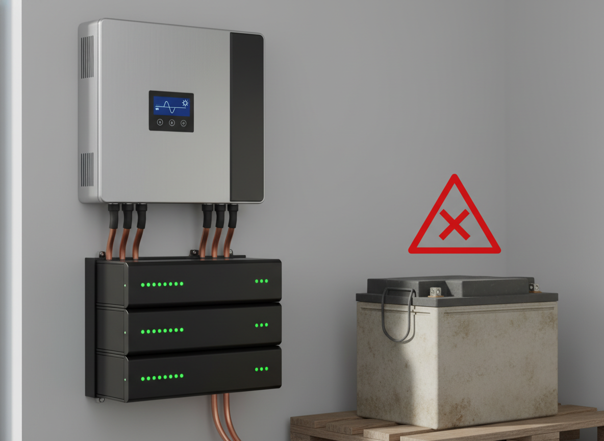 Nowoczesne akumulatory LiFePO4 i inwerter, w które wyposażona jest instalacja fotowoltaiczna off grid