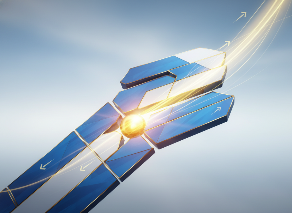 Nowoczesne kolektory słoneczne, elegancko przedstawione, oświetlone ciepłym, złotym światłem na tle błękitu.