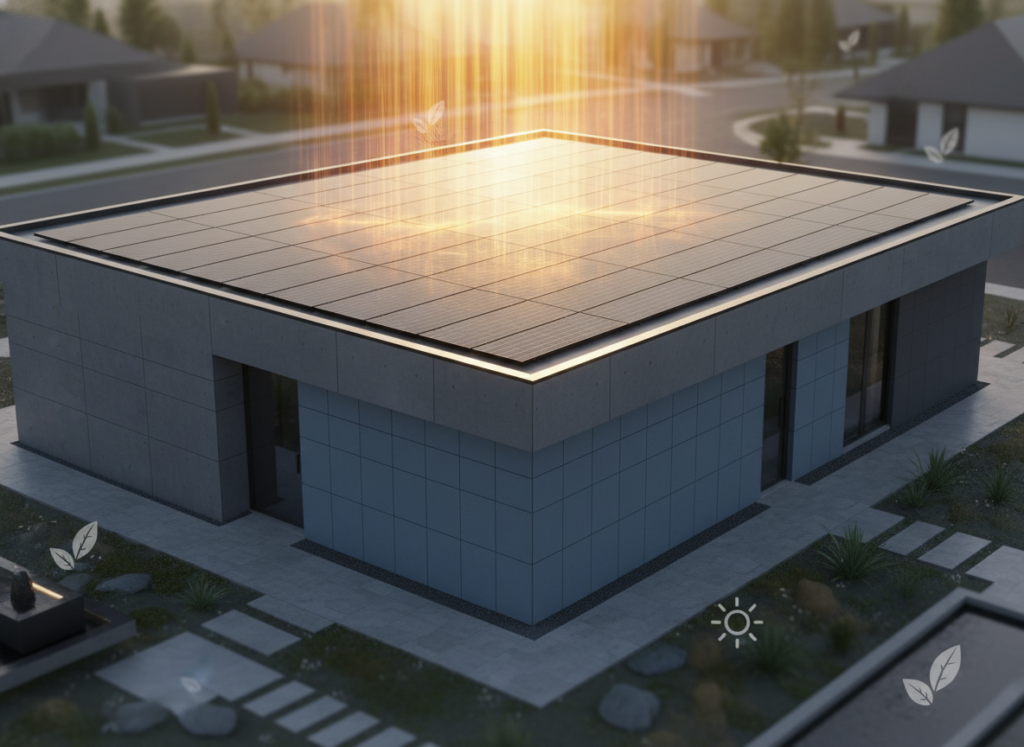 Nowoczesny dom z panelami słonecznymi na dachu, symbolizujący efektywne ogrzewanie słoneczne.