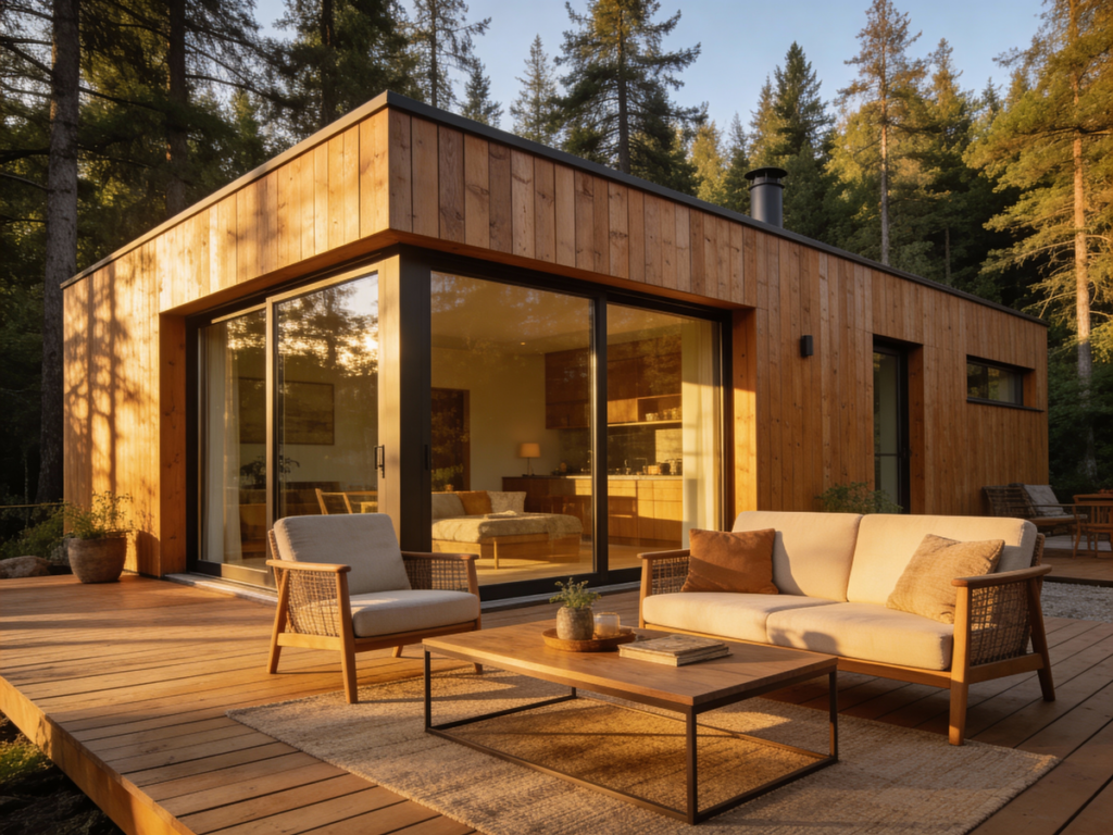 Nowoczesny drewniany dom z tarasem na tle lasu o zachodzie słońca