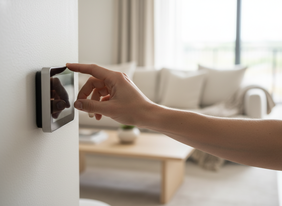 Osoba delikatnie regulująca inteligentny termostat ścienny w nowoczesnym salonie, symbolizując efektywne instalacje grzewcze.