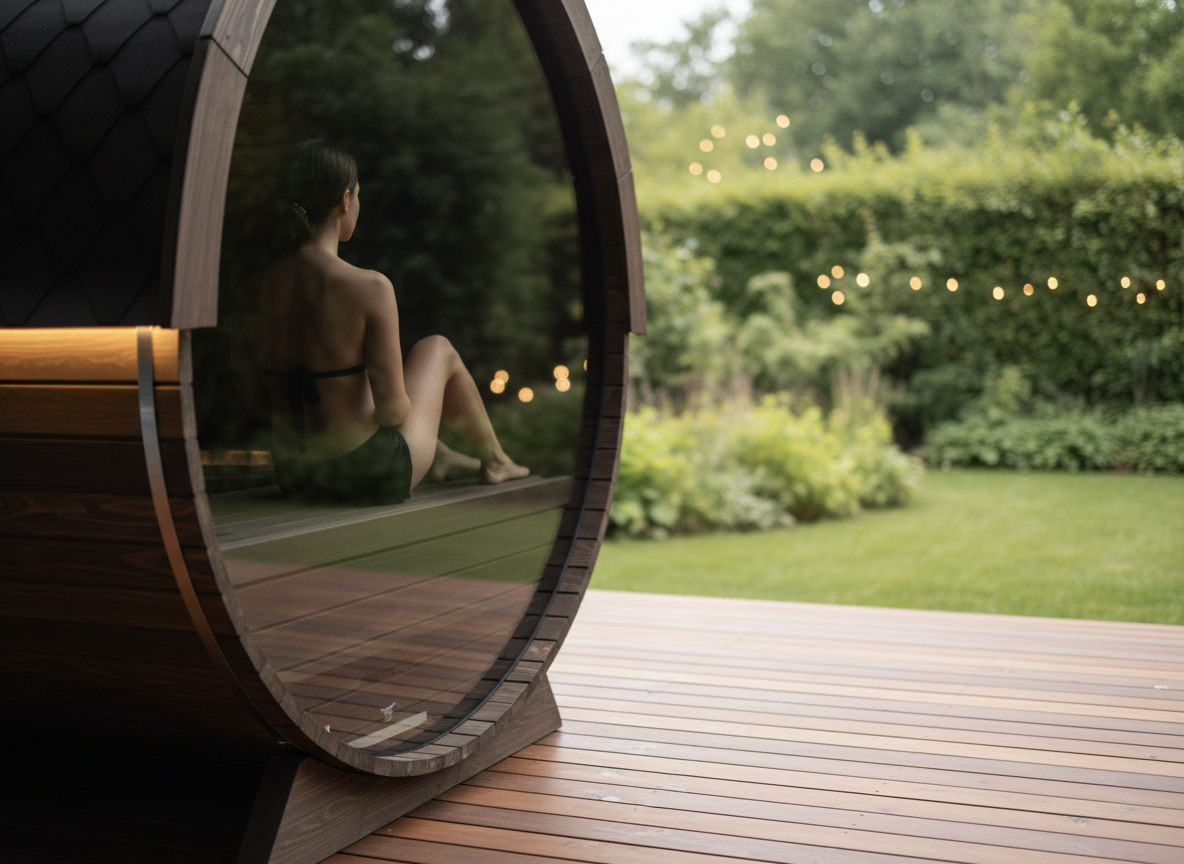 Osoba relaksująca się w nowoczesnej saunie beczce na tarasie z panoramicznym widokiem na ogród.