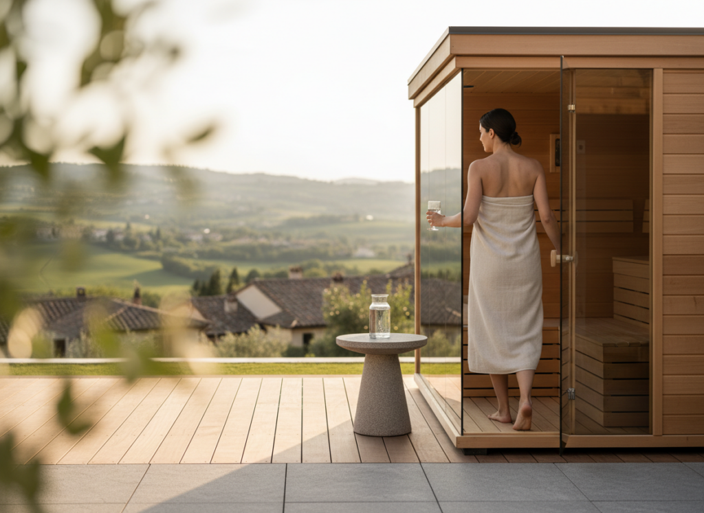 Osoba relaksująca się, wychodząca z nowoczesnej sauny na tarasie z pięknym widokiem.