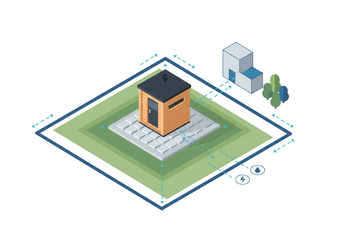 Planowanie lokalizacji sauny ogrodowej z piecem na drewno: diagram przepisów i odległości.