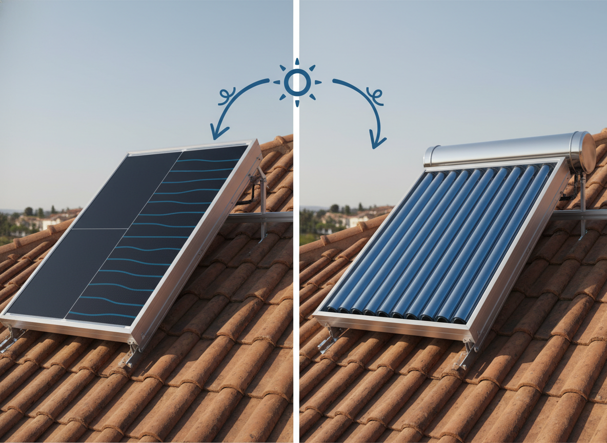 Porównanie kolektorów słonecznych: płaskiego i próżniowego na dachu, dla efektywnego ogrzewania słonecznego.