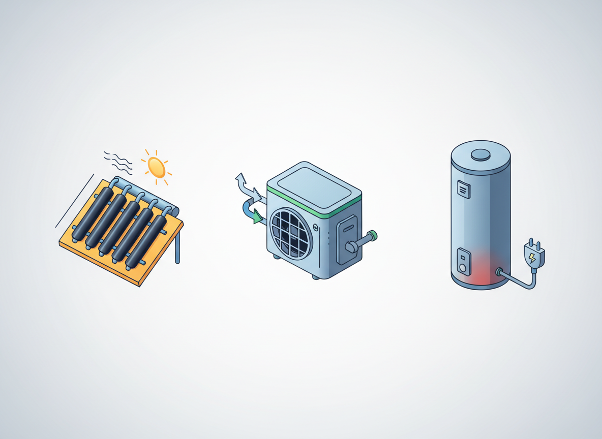 Porównanie systemów grzewczych c.w.u.: kolektory słoneczne, pompa ciepła i podgrzewacz elektryczny.