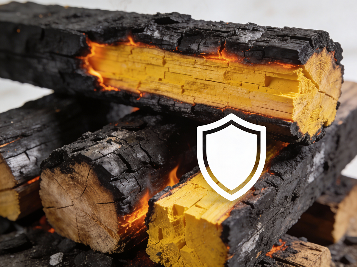 Przekrój nadpalonej belki konstrukcyjnej pokazujący, że drewniany dom jest odporny na ogień