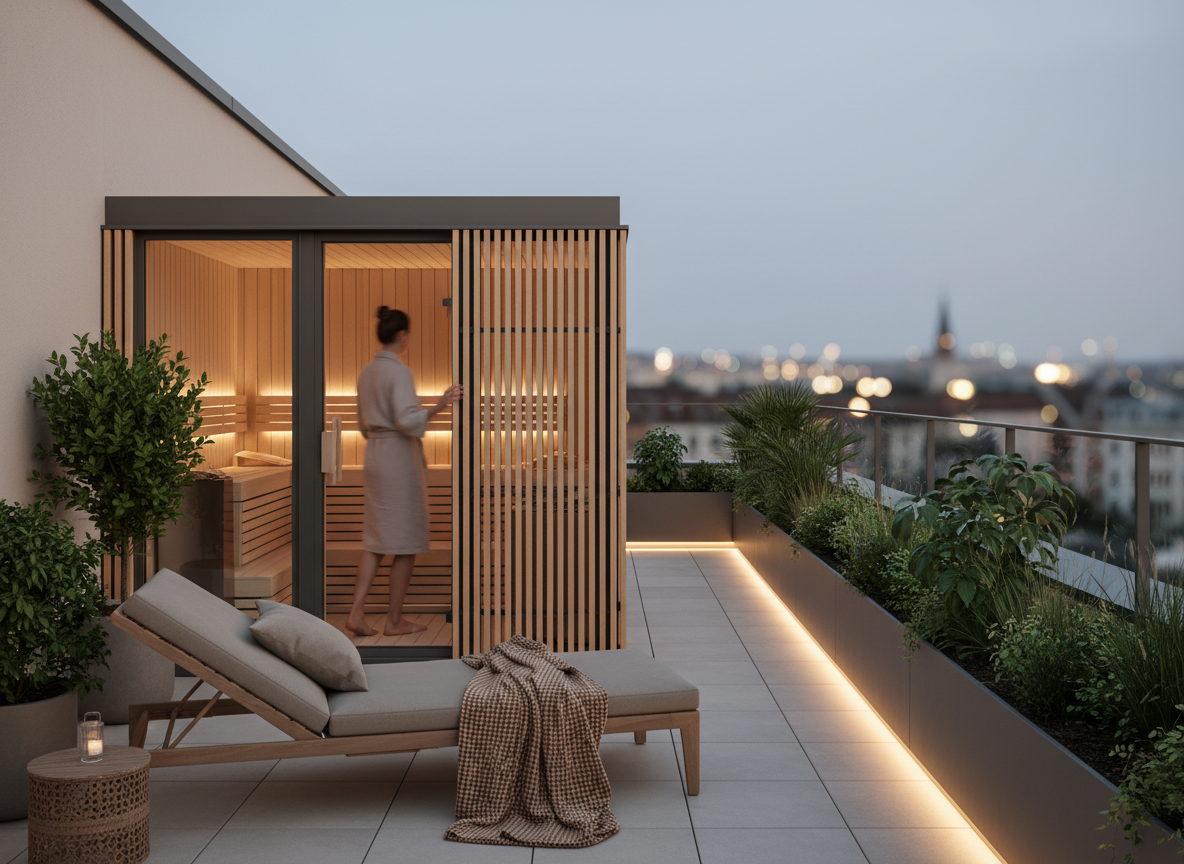 Przytulna sauna na tarasie z osobą ustawiającą parawan i nastrojowym oświetleniem.