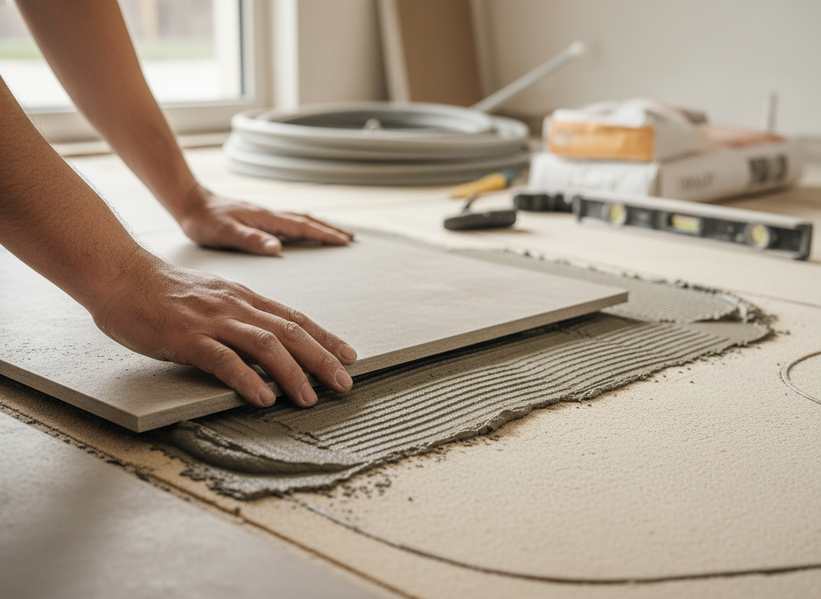 Ręce fachowca precyzyjnie układające płytki na przygotowanej wylewce, kluczowe dla prawidłowej instalacji ogrzewania podłogowego.