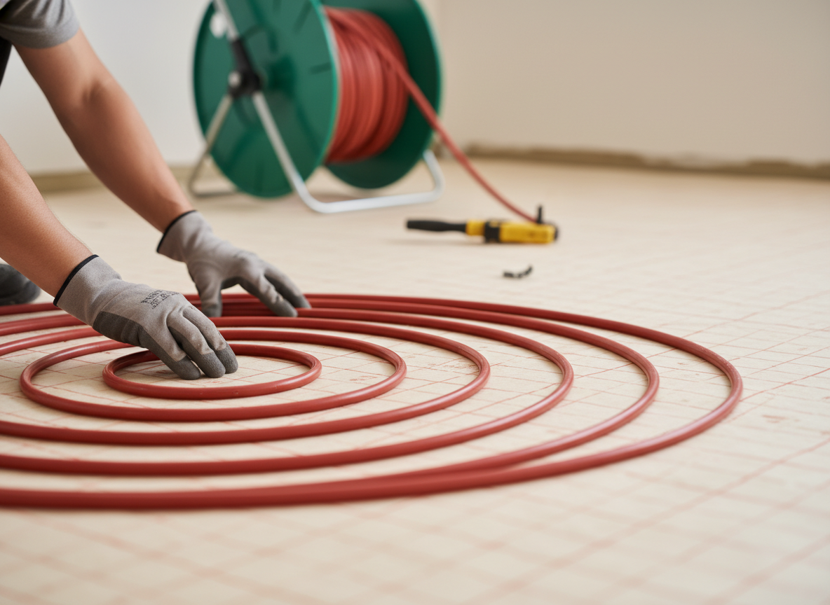 Ręce pracownika precyzyjnie układające czerwone rury instalacji ogrzewania podłogowego na izolacji systemowej.