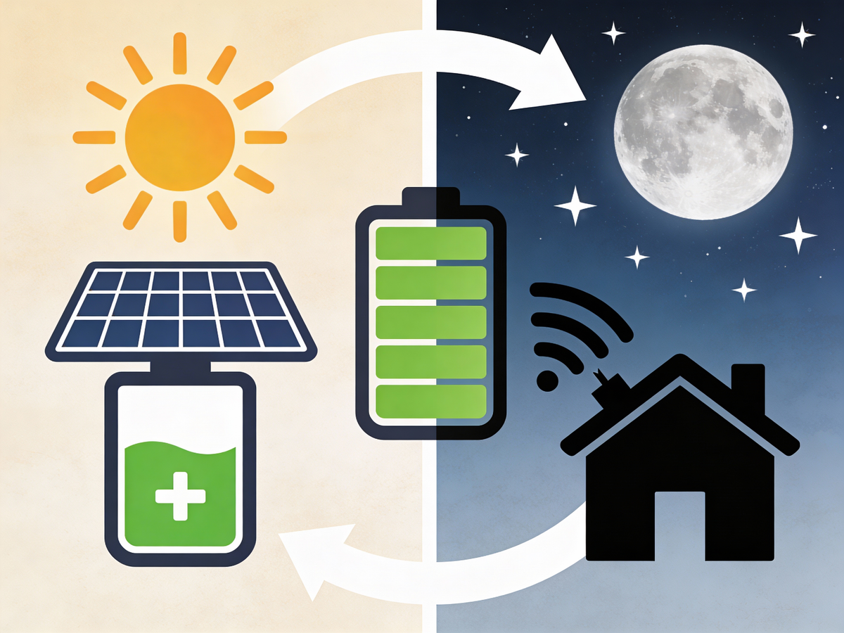Schemat działania autokonsumpcji: fotowoltaika z magazynem energii gromadzi prąd na noc
