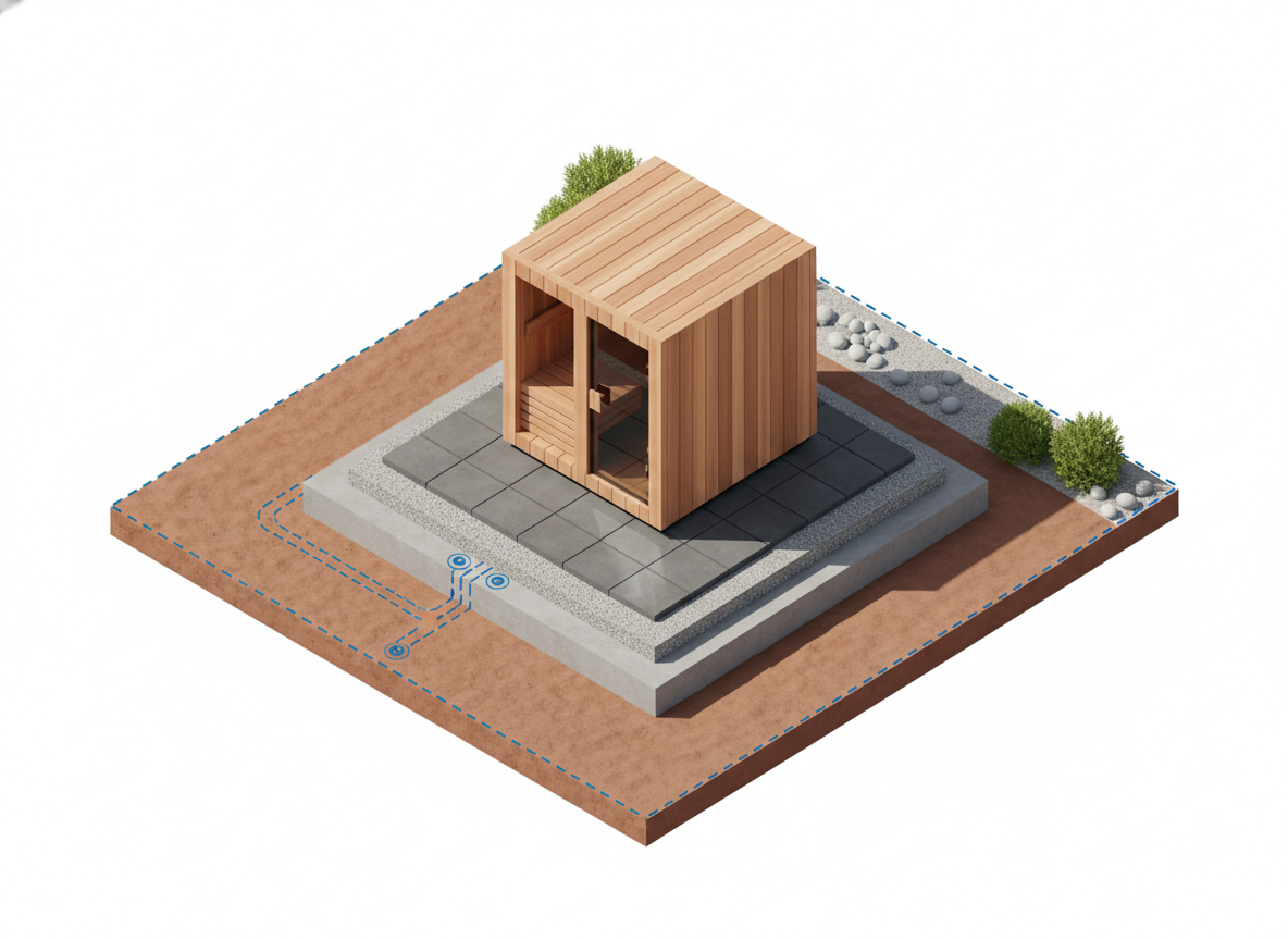 Schemat planowania i fundamentowania nowoczesnej sauny ogrodowej z uwzględnieniem przepisów i mediów.