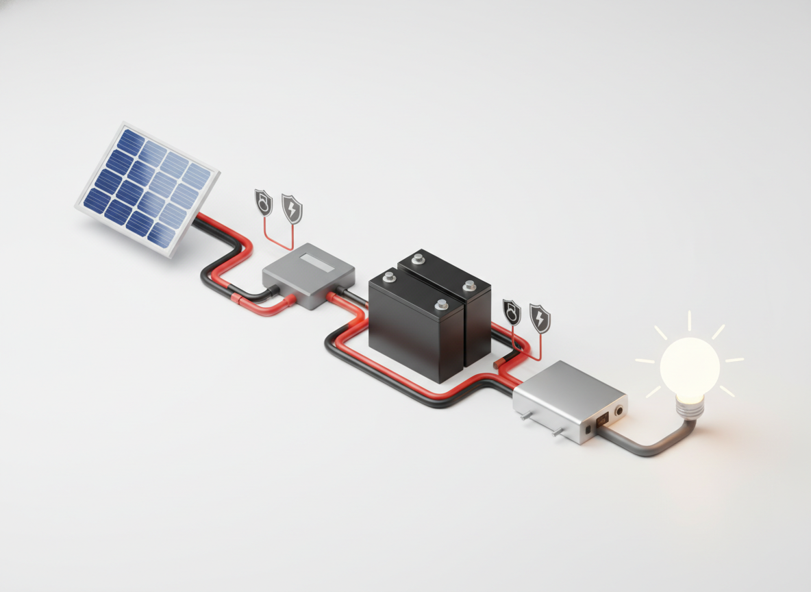 Schemat podłączenia komponentów i bezpieczników, jakie musi posiadać bezpieczna instalacja fotowoltaiczna off grid