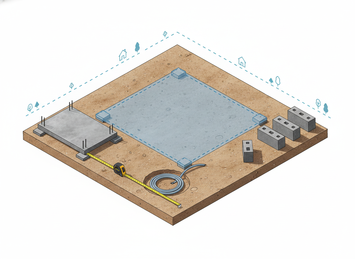 Schemat przygotowania terenu i fundamentów pod saunę do samodzielnego montażu, uwzględniający instalacje i wymiary.