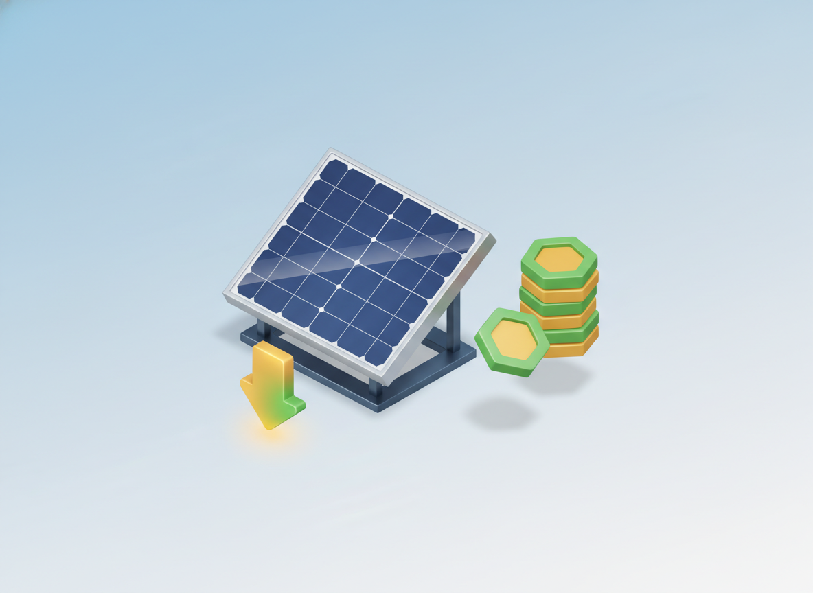 Schematyczna grafika przedstawiająca kolektory słoneczne, symbolizująca obniżenie ich ceny dzięki dofinansowaniom i optymalizacji.