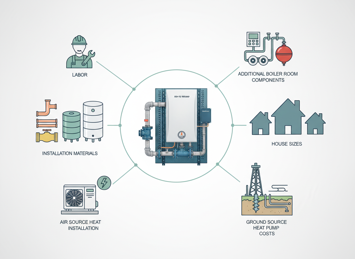 Struktura kosztów montażu pompy ciepła: robocizna, materiały, odwierty i różne metraże domów.