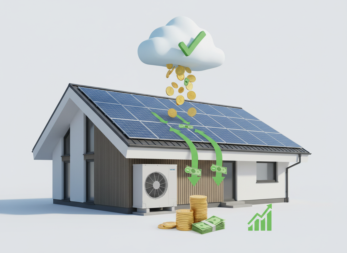 Wizualizacja kosztów pomp ciepła, dofinansowań i oszczędności z fotowoltaiką.