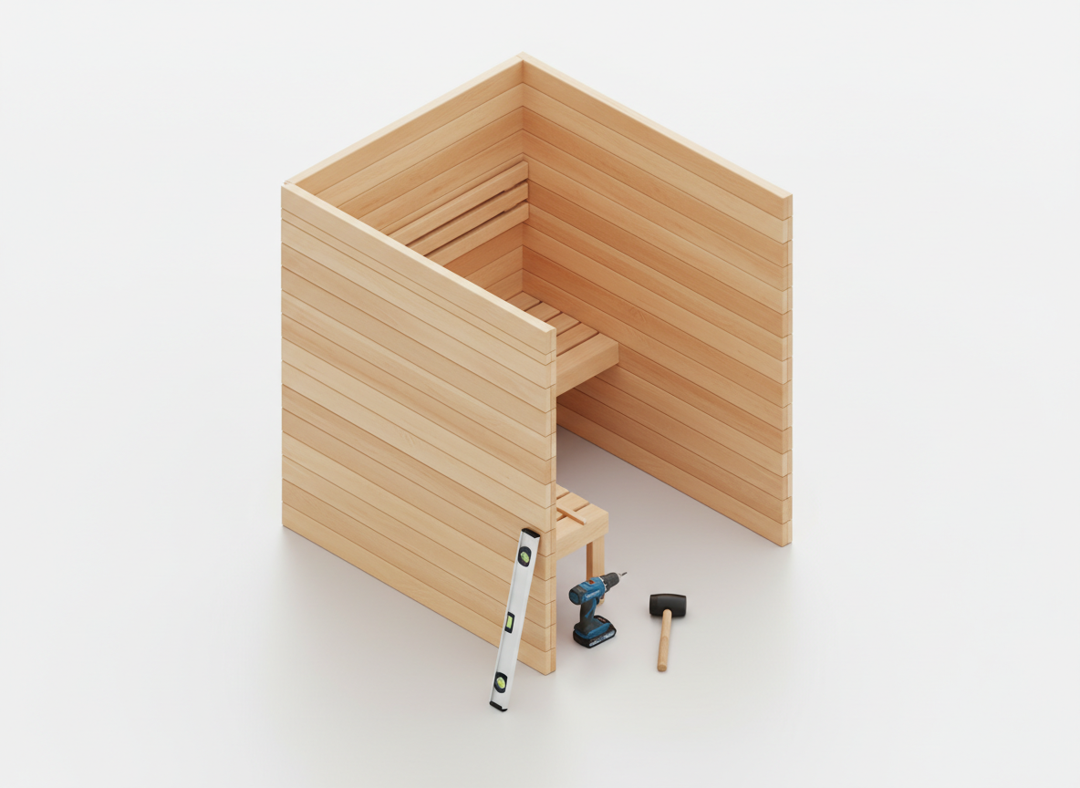 Wizualizacja krok po kroku montażu sauny do samodzielnego montażu z użyciem podstawowych narzędzi.