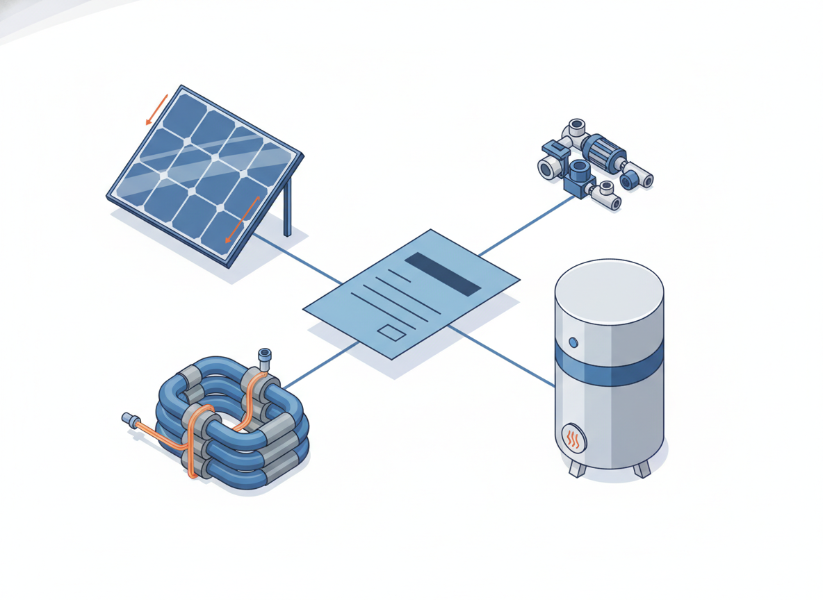 Wizualizacja składników kosztów instalacji kolektorów słonecznych, prezentująca cenę paneli, rur i zasobnika.