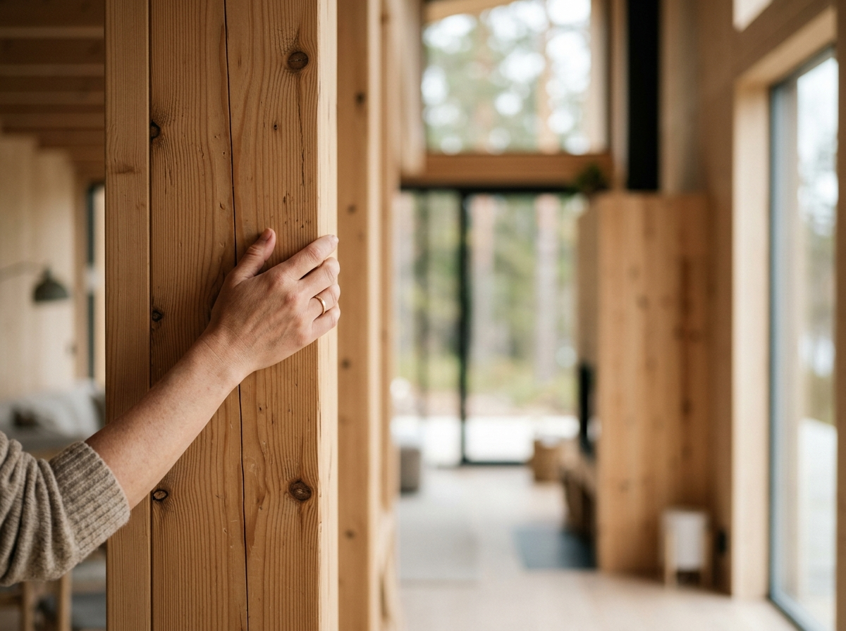 Dłoń delikatnie dotykająca pięknie wykonanej drewnianej ściany w nowoczesnym gotowym domu drewnianym.
