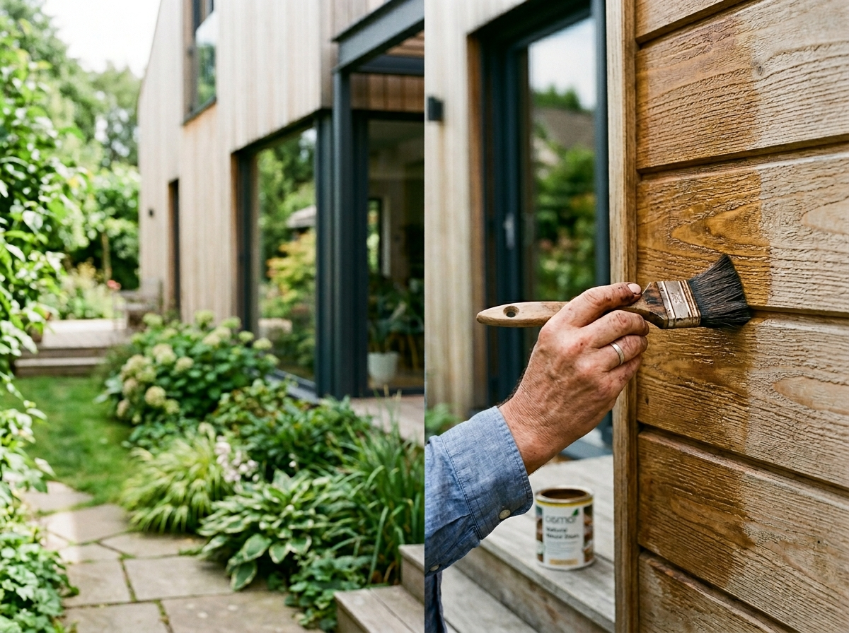 Dłonie nakładające impregnat na drewnianą elewację, dbając o długowieczność pięknego domku na działkę całorocznego.
