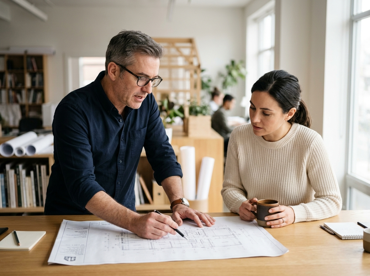 Dwie osoby omawiają plany architektoniczne domu na działce, popijając kawę w nowoczesnym wnętrzu.