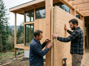 Dwie osoby z zaangażowaniem montują nowoczesny dom do samodzielnego montażu, w otoczeniu natury.