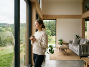 Elegancki salon w nowoczesnym domu prefabrykowanym całorocznym z kobietą podziwiającą widok z okna.