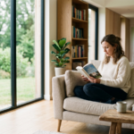 Kobieta czytająca książkę w jasnym salonie nowoczesnego domu prefabrykowanego, z widokiem na zieleń.