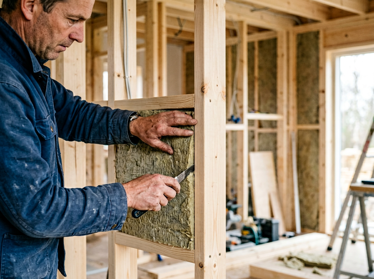 Mężczyzna precyzyjnie montujący izolację w ścianie drewnianego domu modułowego do samodzielnego montażu.