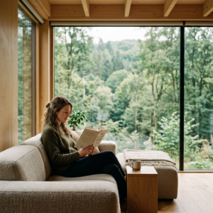 Młoda osoba czytająca w jasnym salonie nowoczesnego domu modułowego całorocznego 70m2.