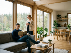 Młoda para relaksująca się w jasnym, nowoczesnym salonie domu prefabrykowanego pod klucz.