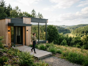 Nowoczesny dom z gotowych elementów z dużymi oknami, otoczony zielenią, z osobą podziwiającą widok.