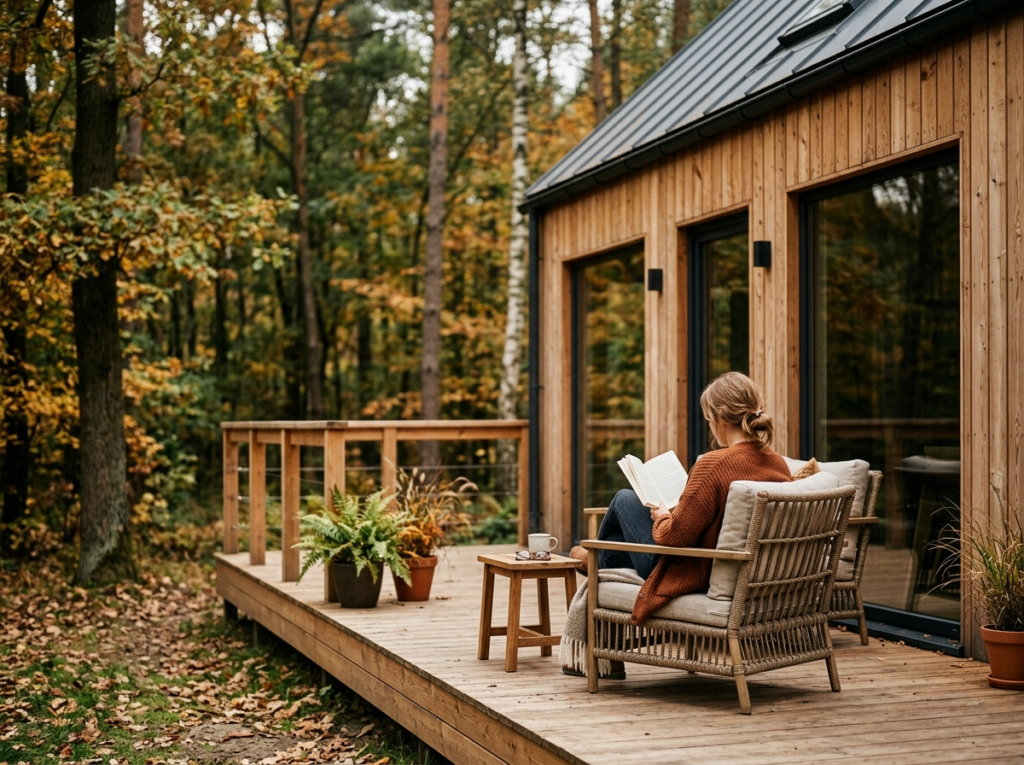 Nowoczesny domek na działkę całoroczny z dużymi oknami, otoczony zielenią, z osobą czytającą na tarasie.