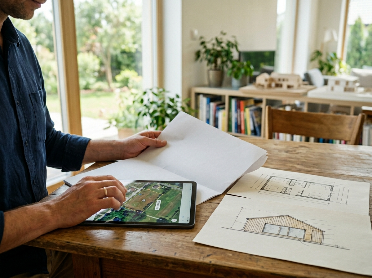 Osoba analizuje dokumenty i mapę działki, planując budowę całorocznego domku.